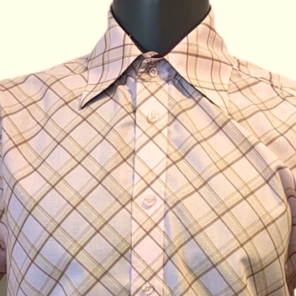 Pronti By Phita Pink Bias Cut Plaid Button Front Shirt Medium 70's Mod Retro